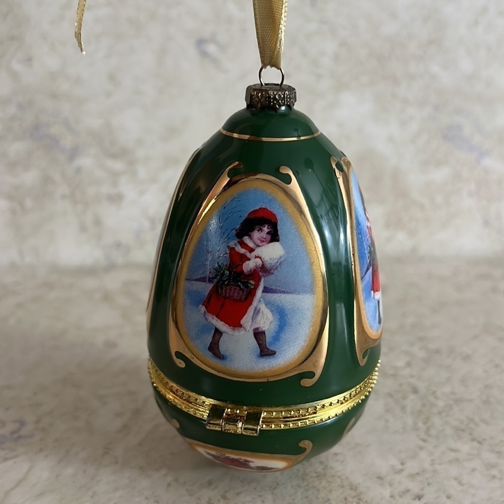Limoges Style Christmas Ornament Egg Music Box
